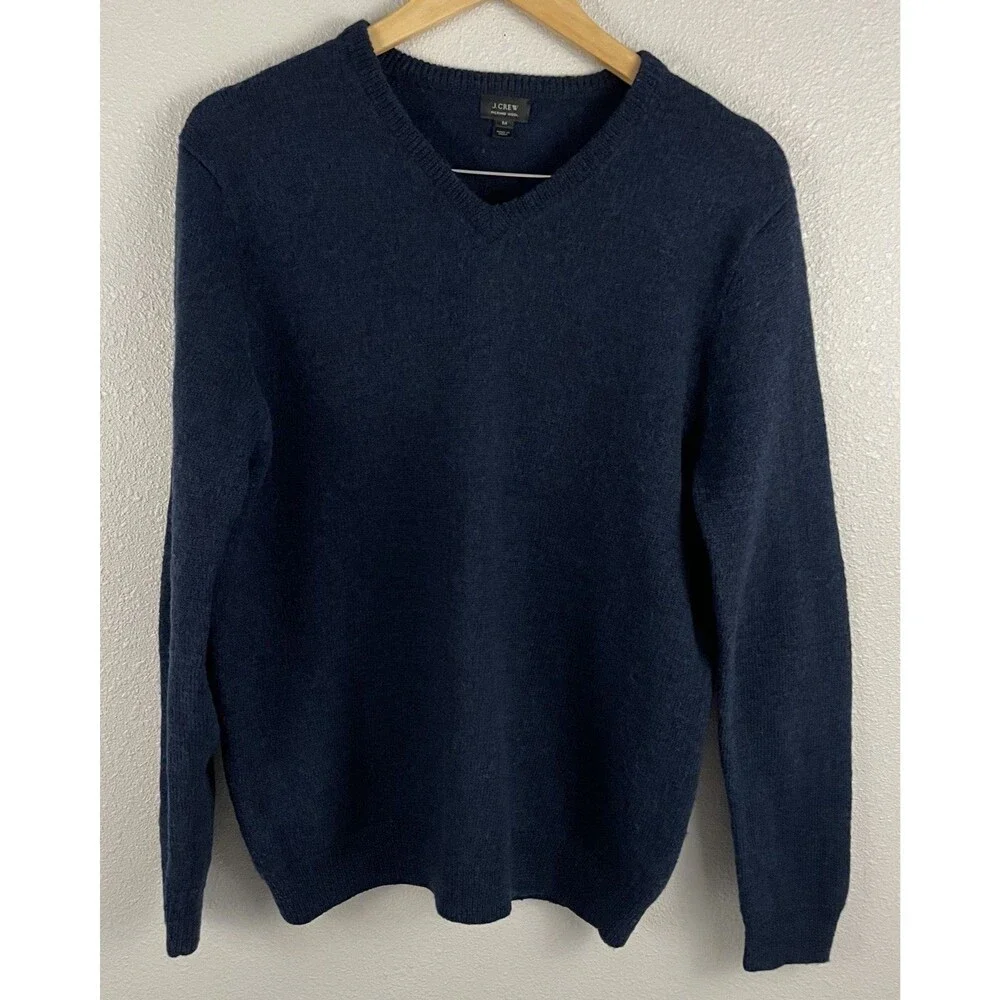 J Crew Mens M Merino Wool Blue V Neck Sweater Brown Elbow Patches Heritage